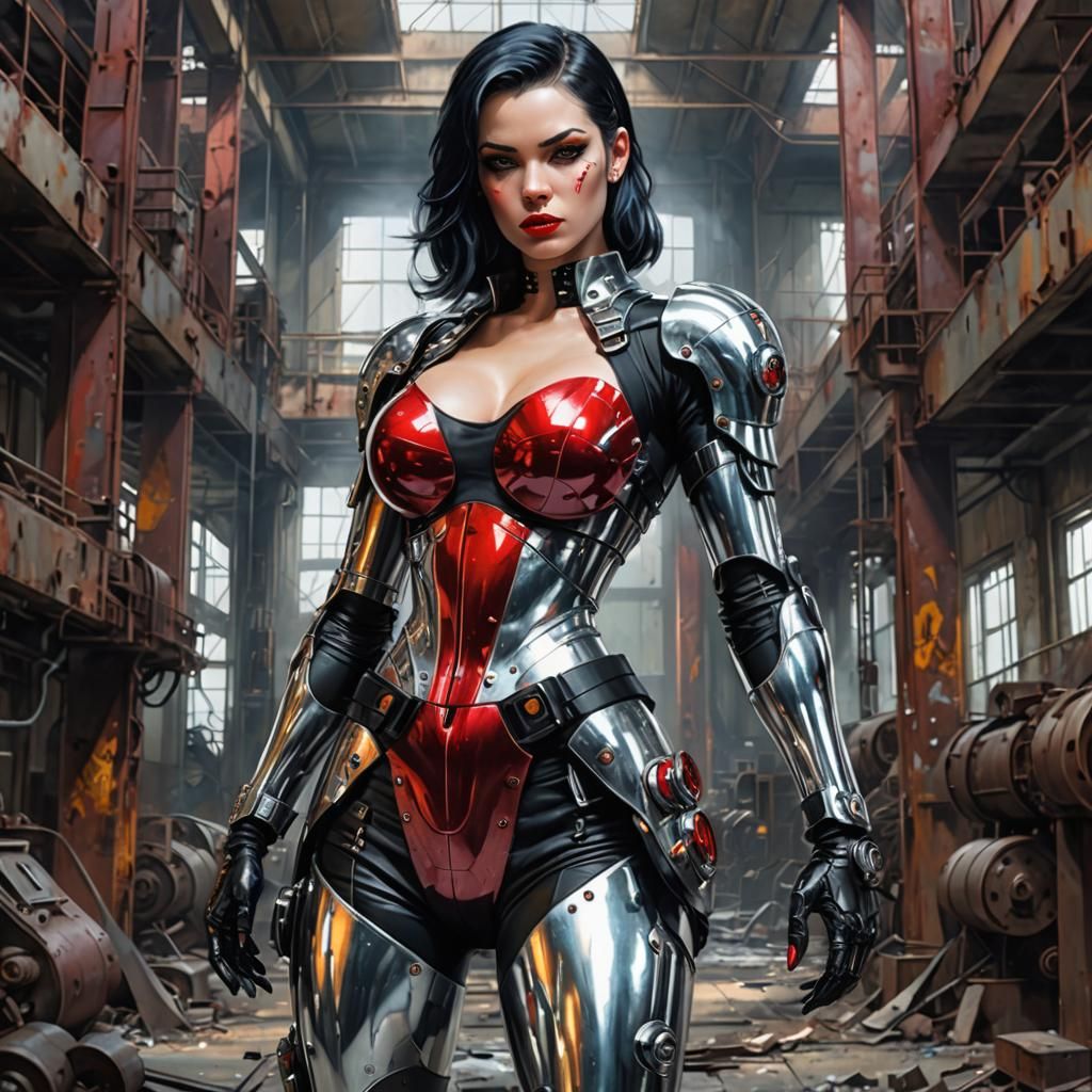 Chrome Cyborg in Abandoned Factory: Dieselpunk Pinup