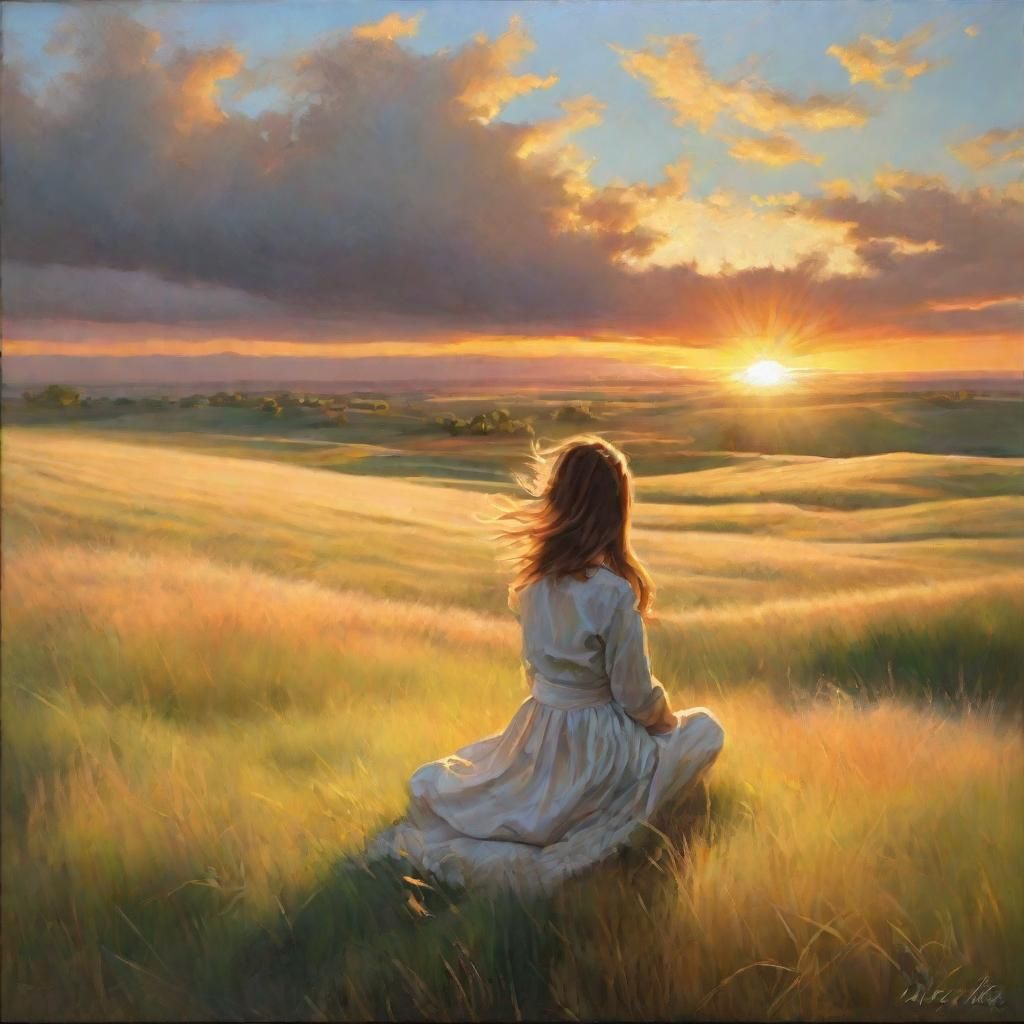 Prairie Woman in Golden Hour Wind: Oil on Canvas
