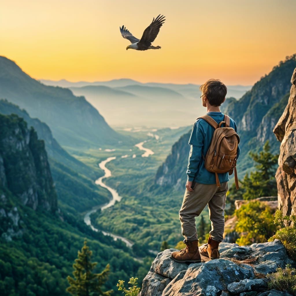 Teenage Adventurer on Cliff Overlooking Lush Gorge at Sunset