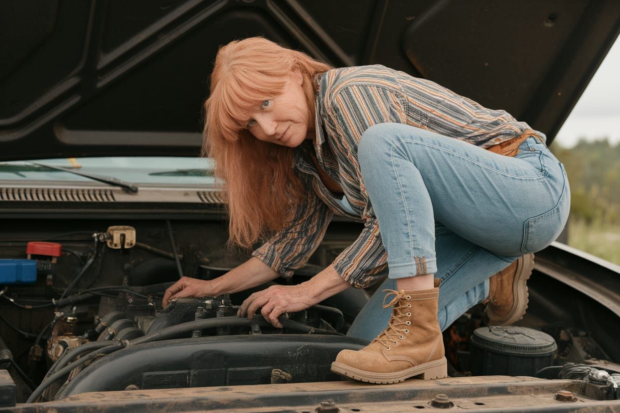 Rugged Woman Works on a Vintage Pickup