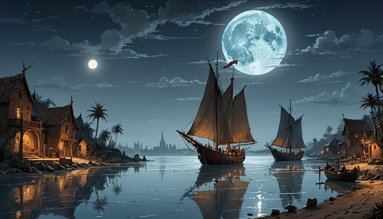 Moonlit Dhow Enters Estuary in Watercolor Art