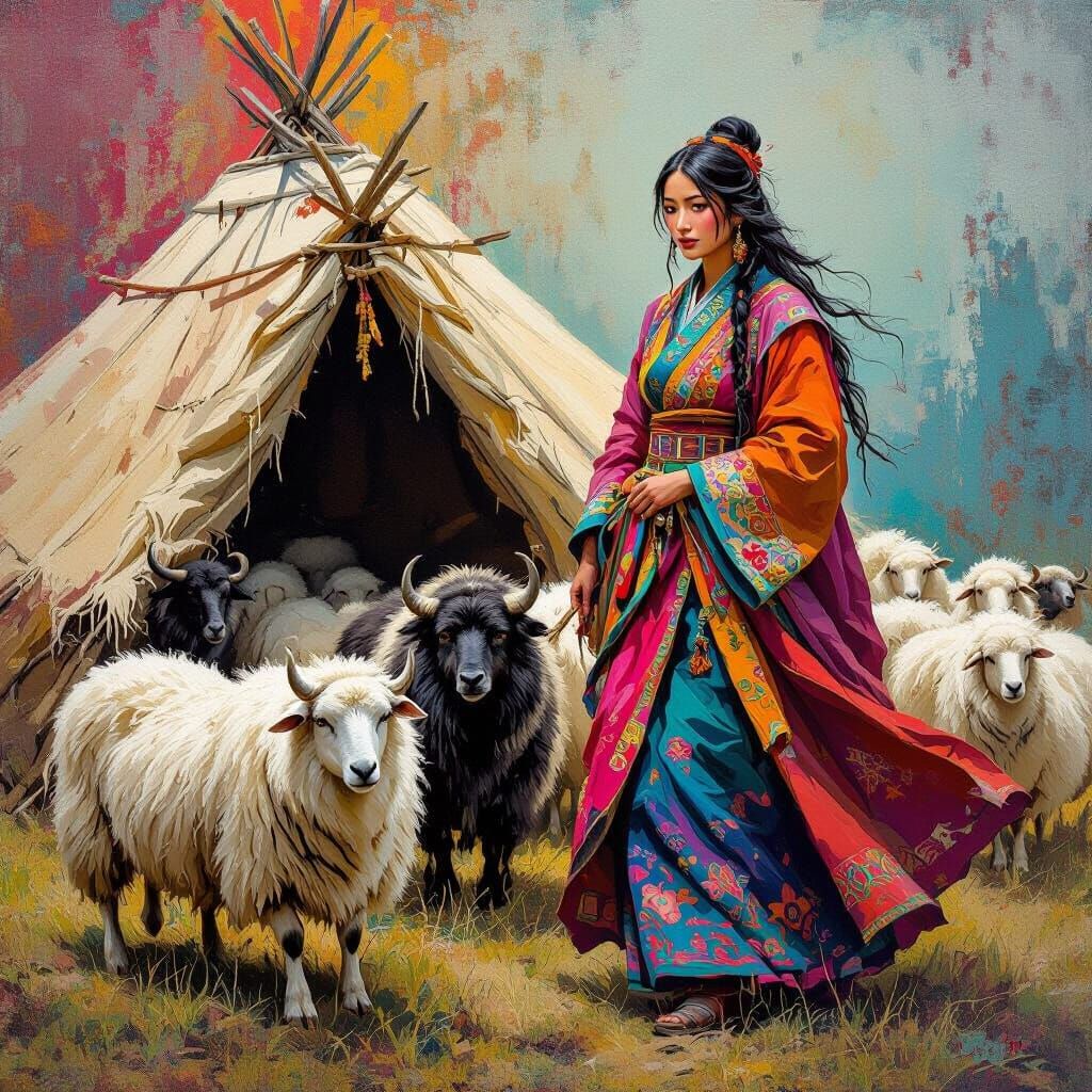 Tibetan Woman Herding Sheep as Oil Painting