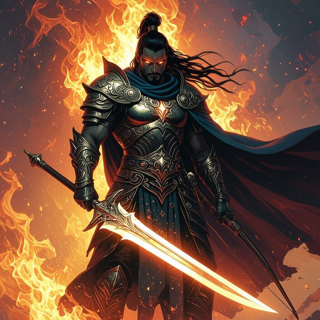Flaming God Warrior with Sword and Bow, Fantasy Art