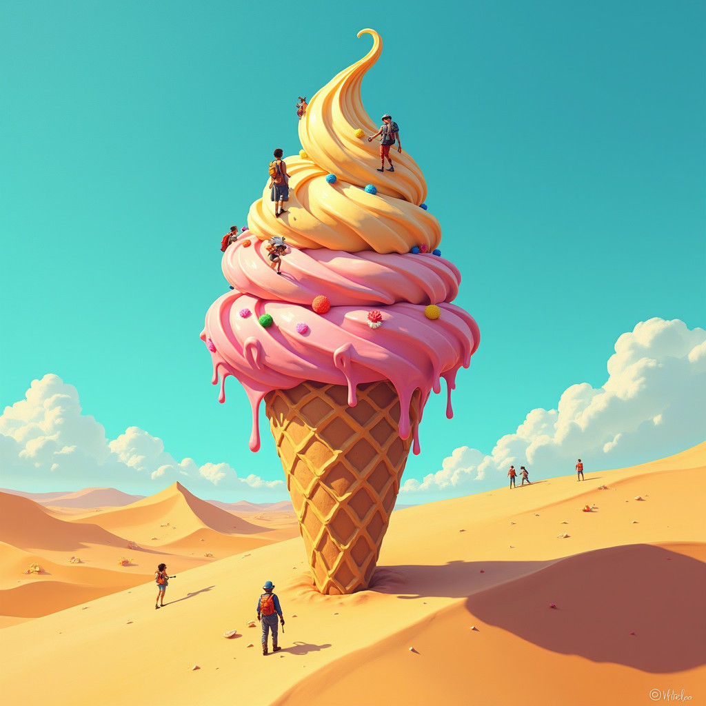 Colossal Ice Cream Cone in Surreal Desert Landscape