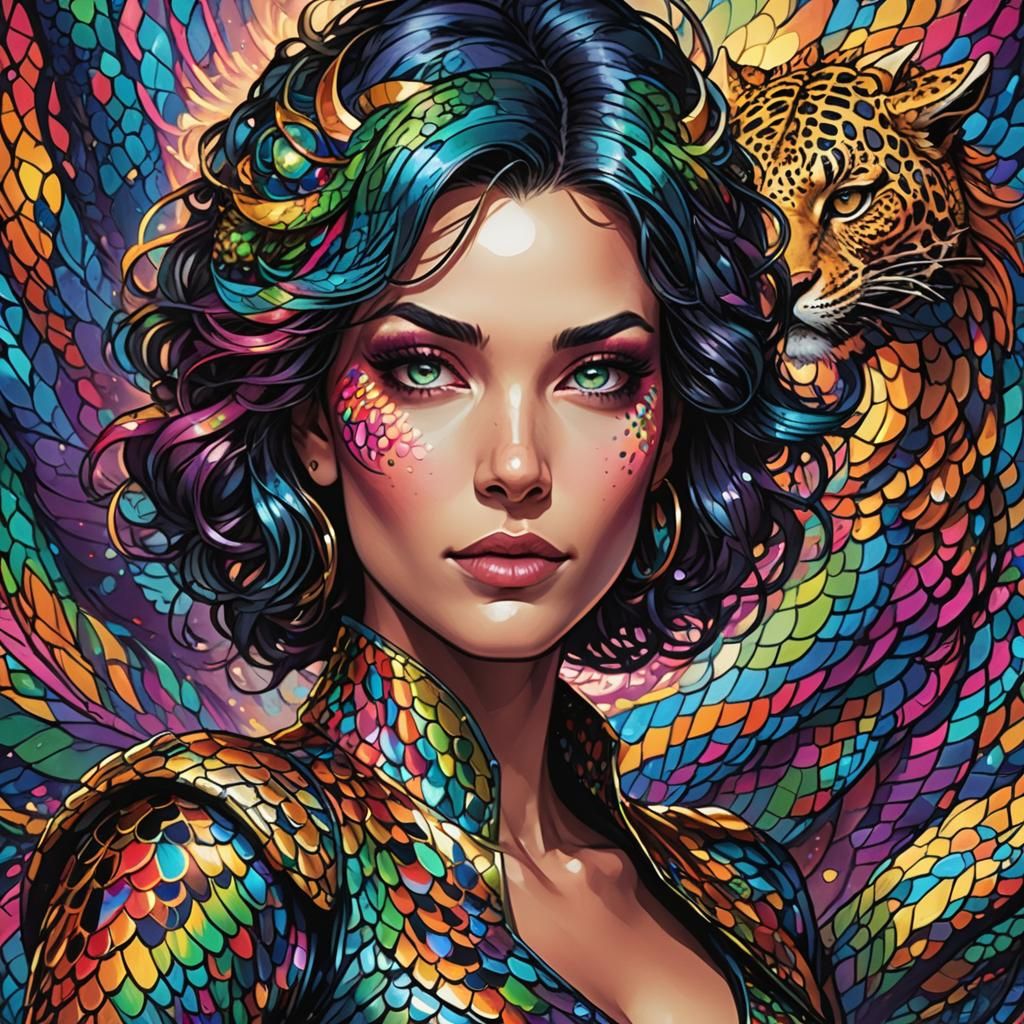 Comic Book Woman with Rainbow Dragon Scales