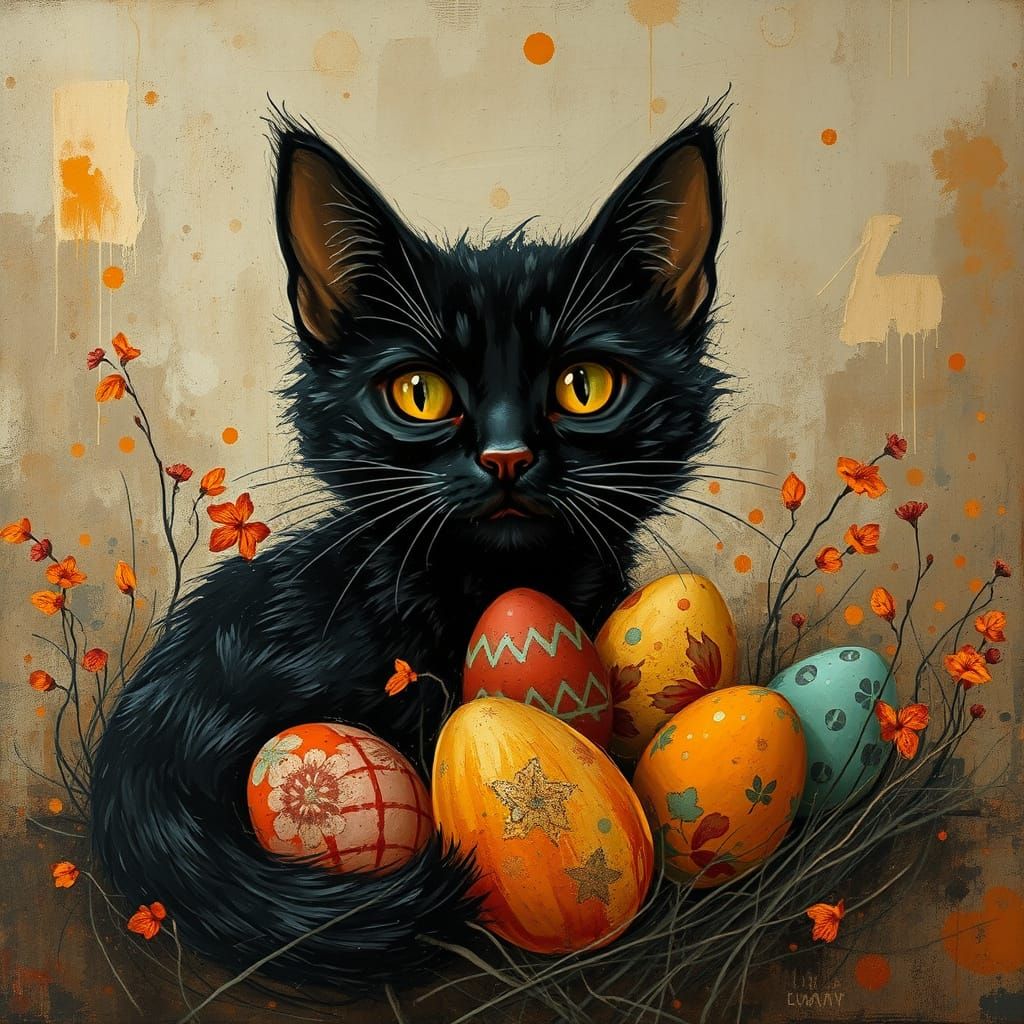 Dreamlike Whimsical Cat Amidst Easter Eggs in Earthy Tones