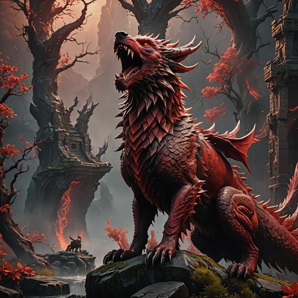 Red Dragon Wolf Howling: Detailed Matte Painting