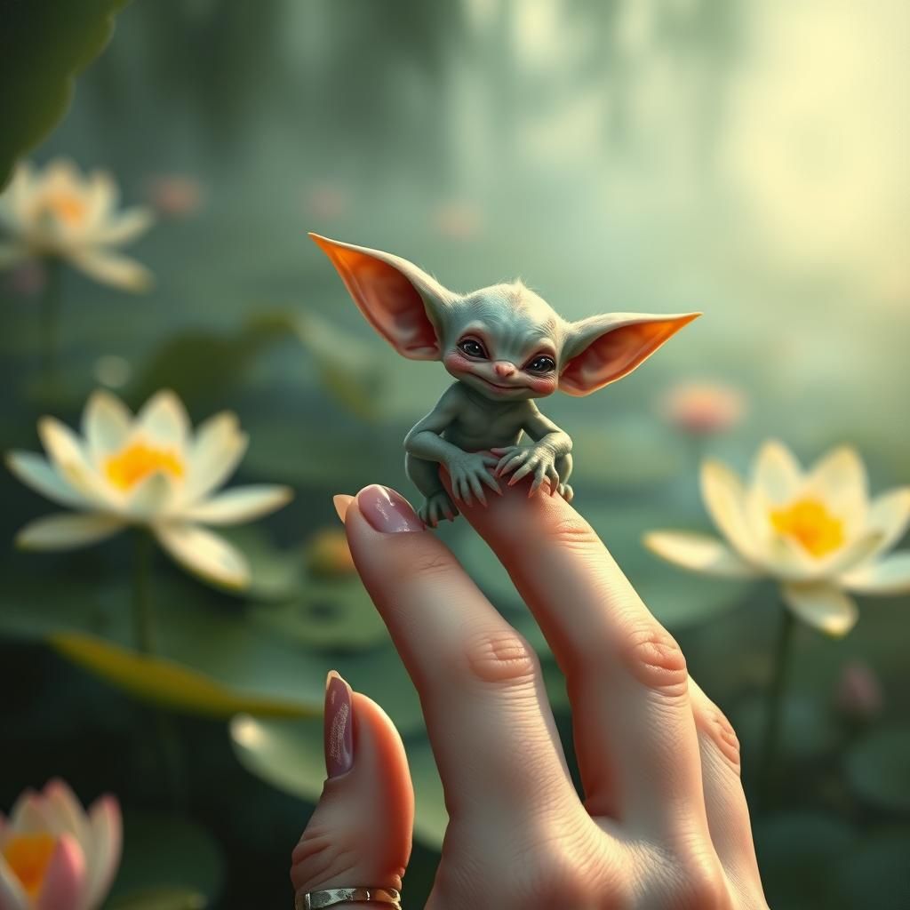Goblin on a Fingertip in Ethereal Fantasy Style