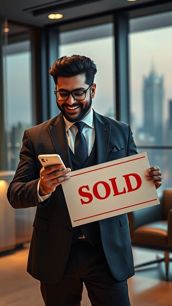 Real Estate Agent Celebrates Sale in Cinematic Office