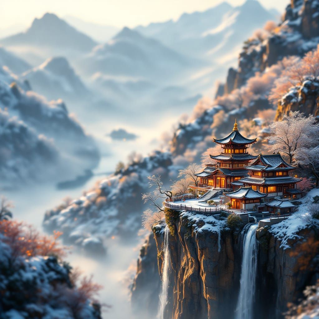 Miniature Chinese Village on Snowy Cliffside in Golden Light