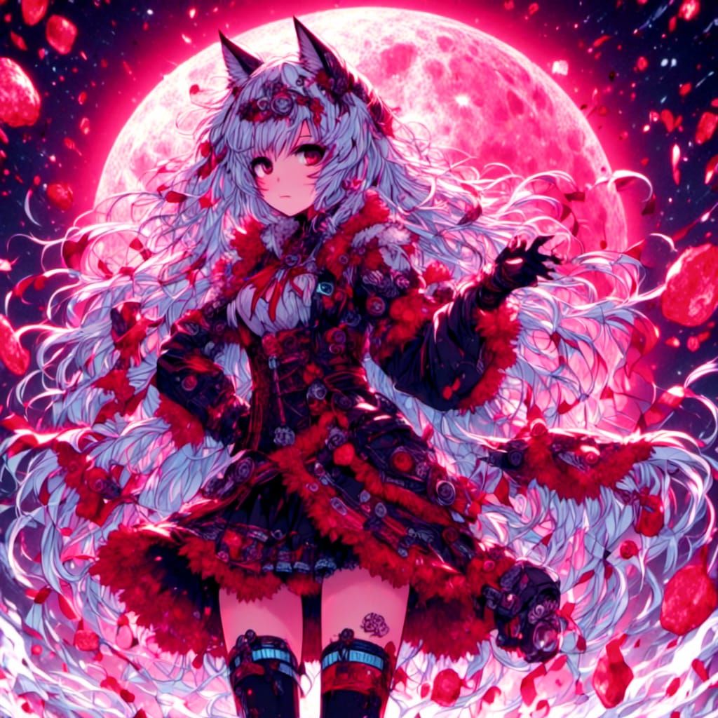 Mythical Kawaii Neko Girl with Crimson Moon