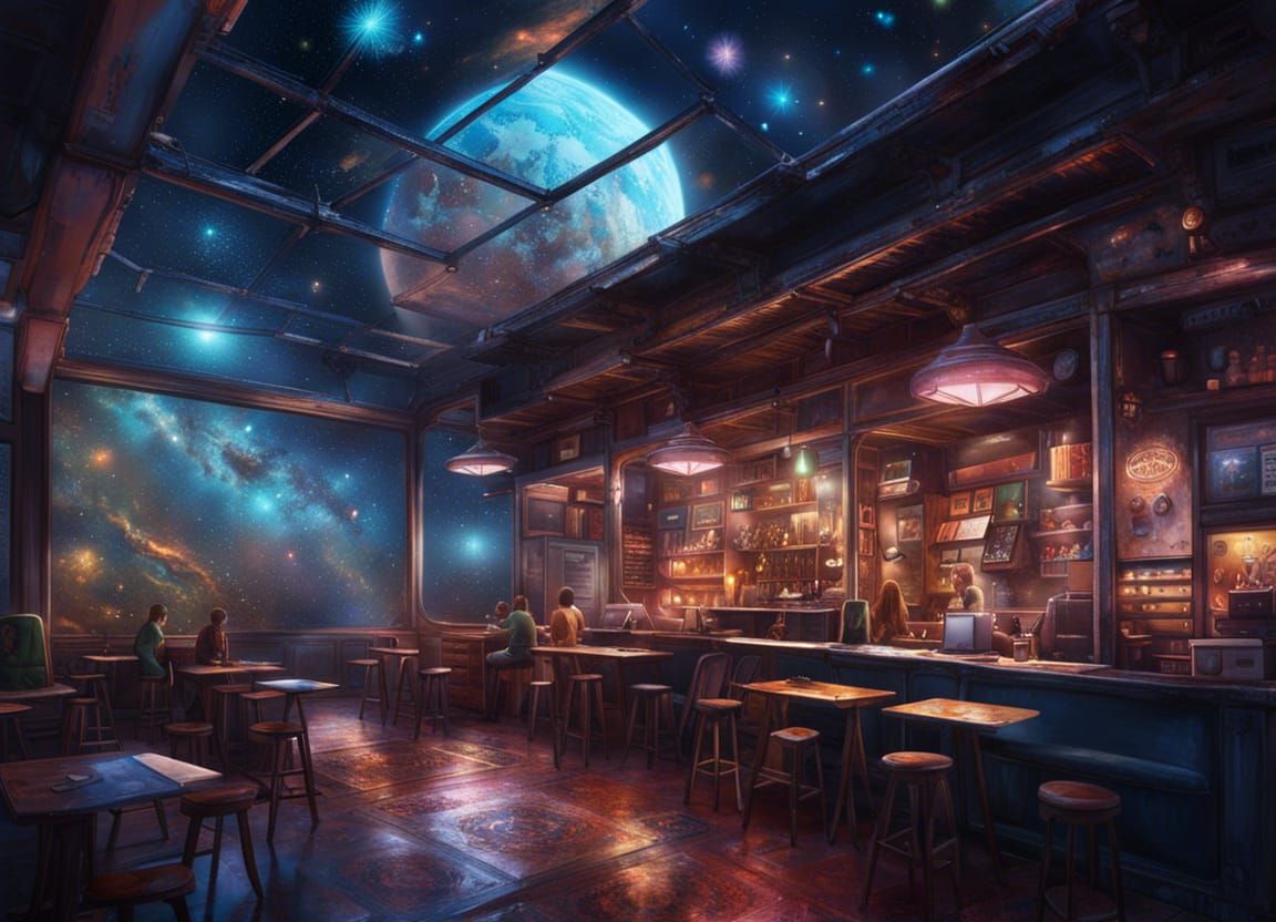 Coffee Shop on Asteroid in Deep Space