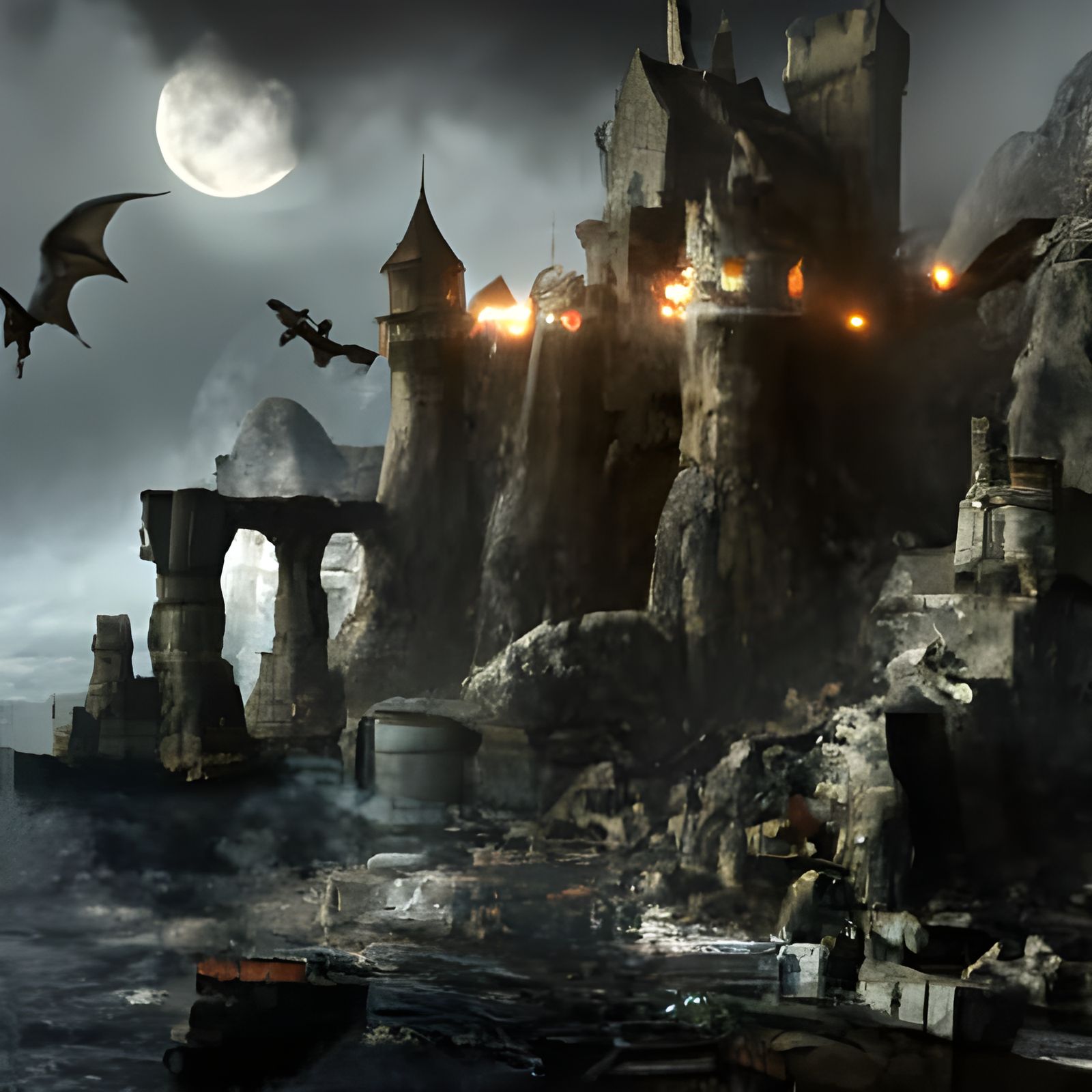 Gothic Castle with Dragon: Dark Fantasy Concept Art