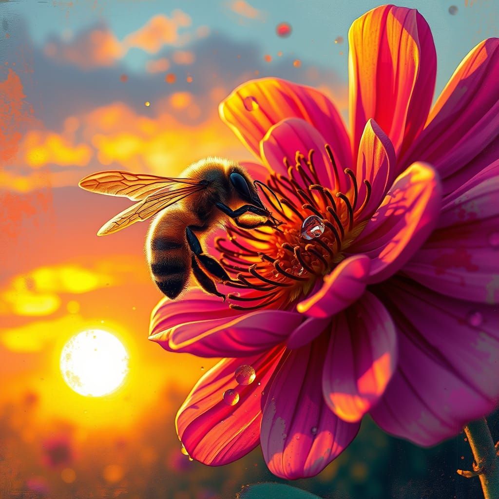Bee Collects Dew in Vibrant Sunset Graffiti