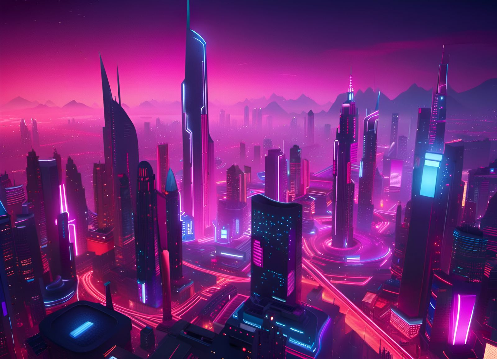 Neon Cyberpunk Cityscape in Synthwave Colors