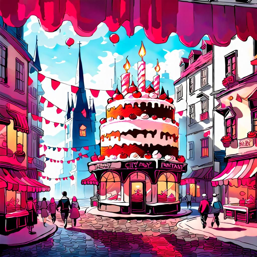 Fantasy Cake in Cityscape: Detailed Digital Art