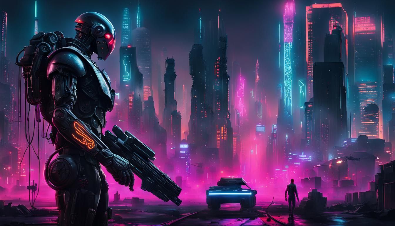 Cyberpunk Warrior in Neon Cityscape