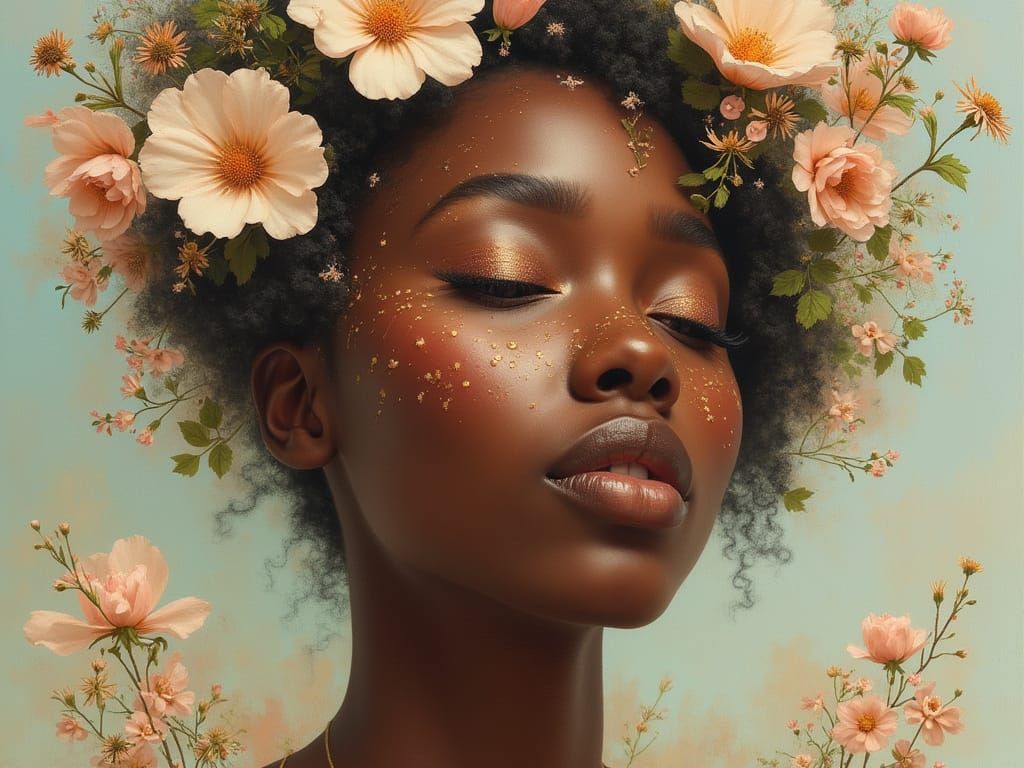 Serene Black Woman in Floral Patterns, Oil Painting