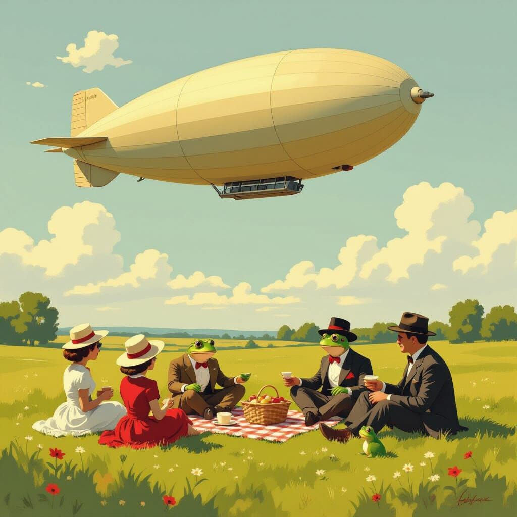 Frog Picnic Under Zeppelin in Nostalgic Realism Style