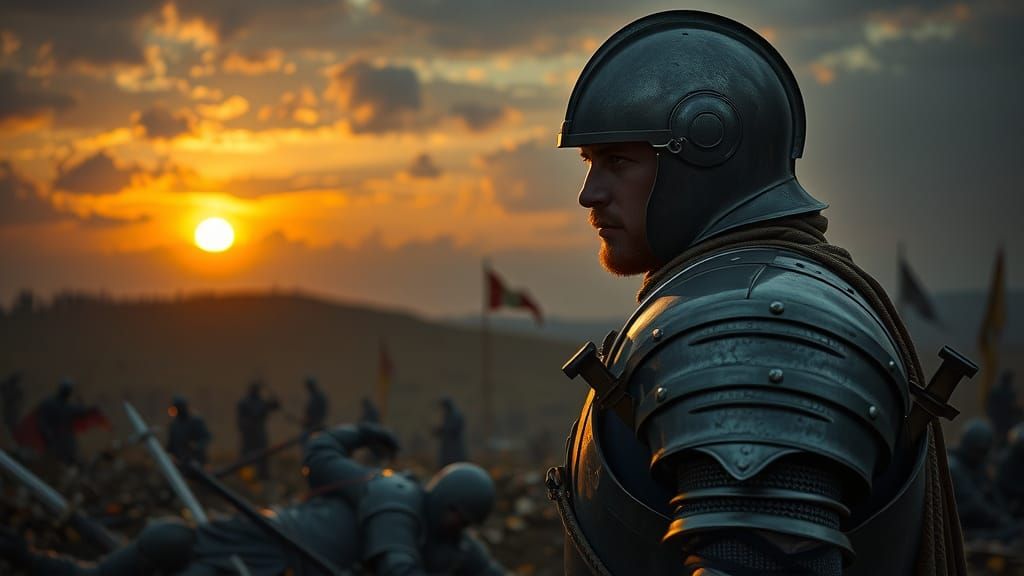 Knight Contemplates Fallen Enemy at Dusk