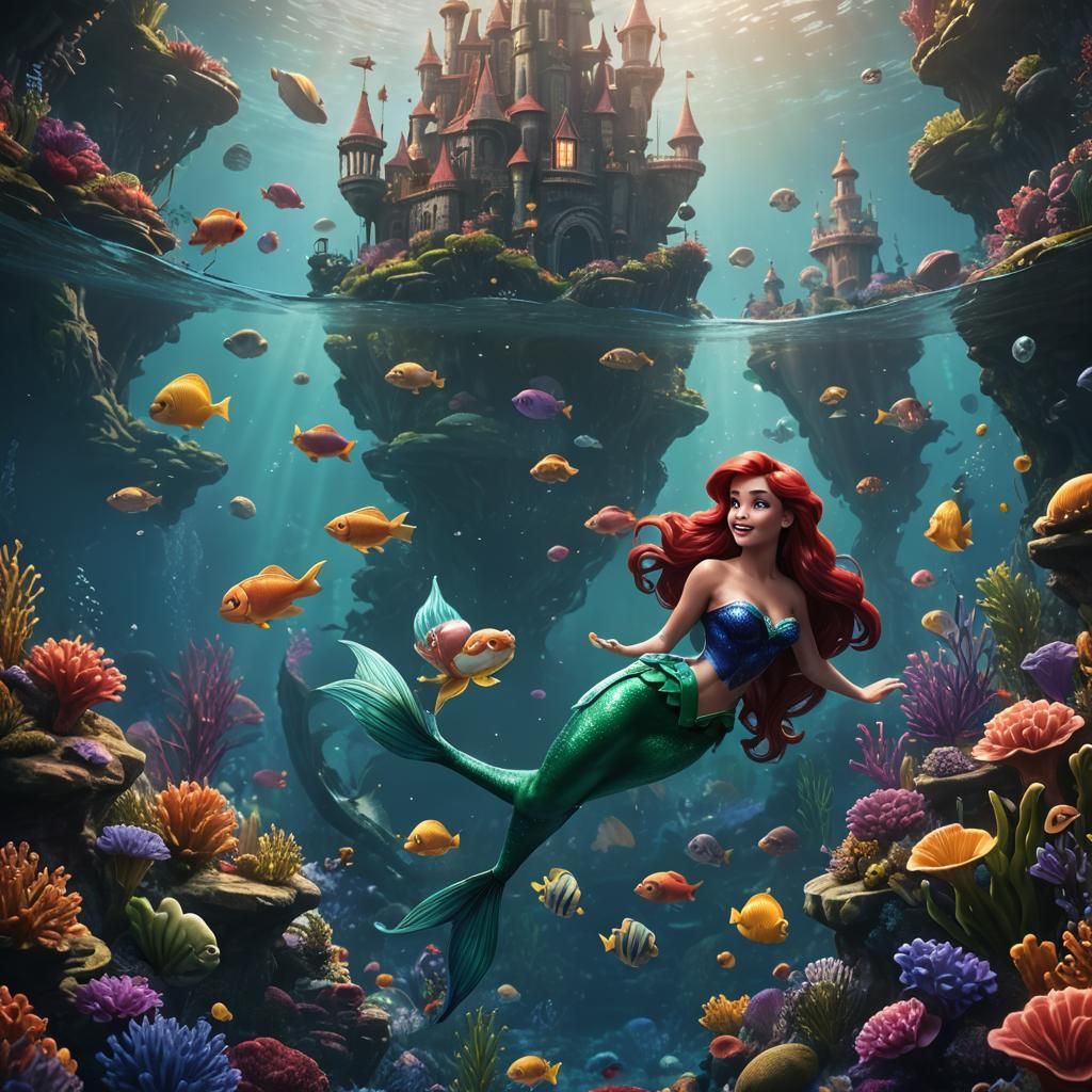 Ariel the Little Mermaid Swimming: Detailed Matte Painting