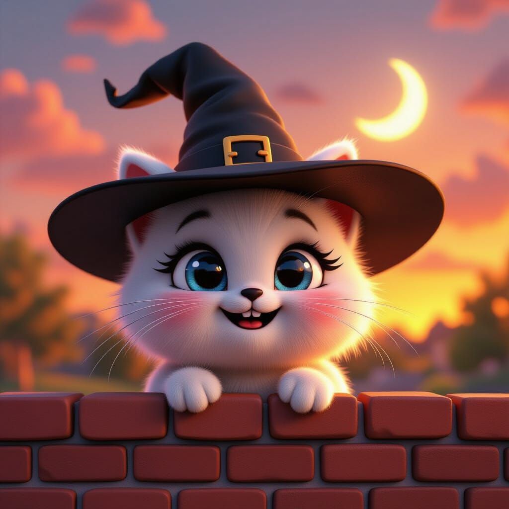 Cute Fluffy Cat Creature in Witch Hat with Blue Eyes