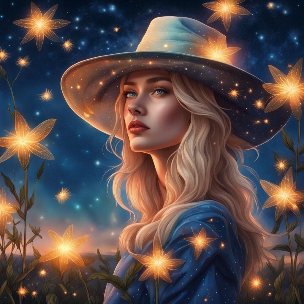 Woman with Flowers Under Astral Night Sky