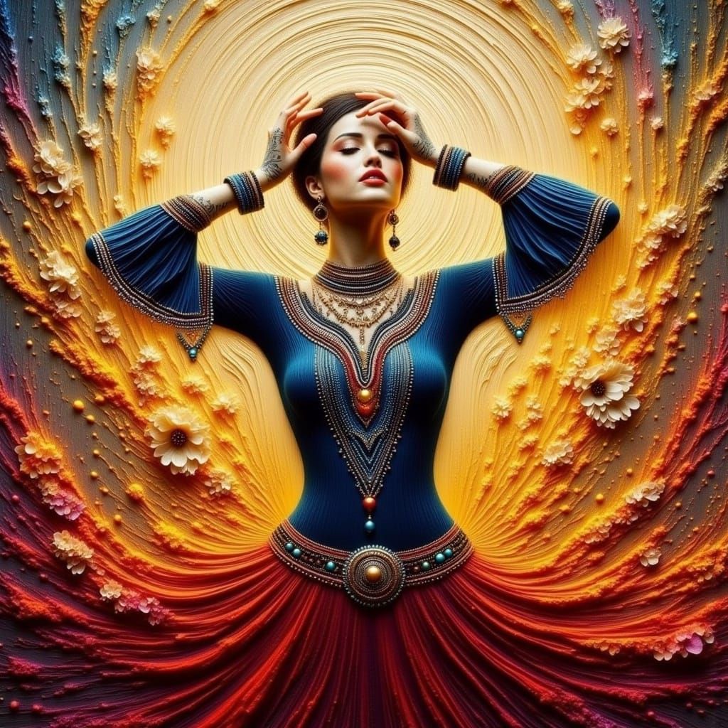 Vibrant Priestess in Ornate Headdress and Tribal Tattoos