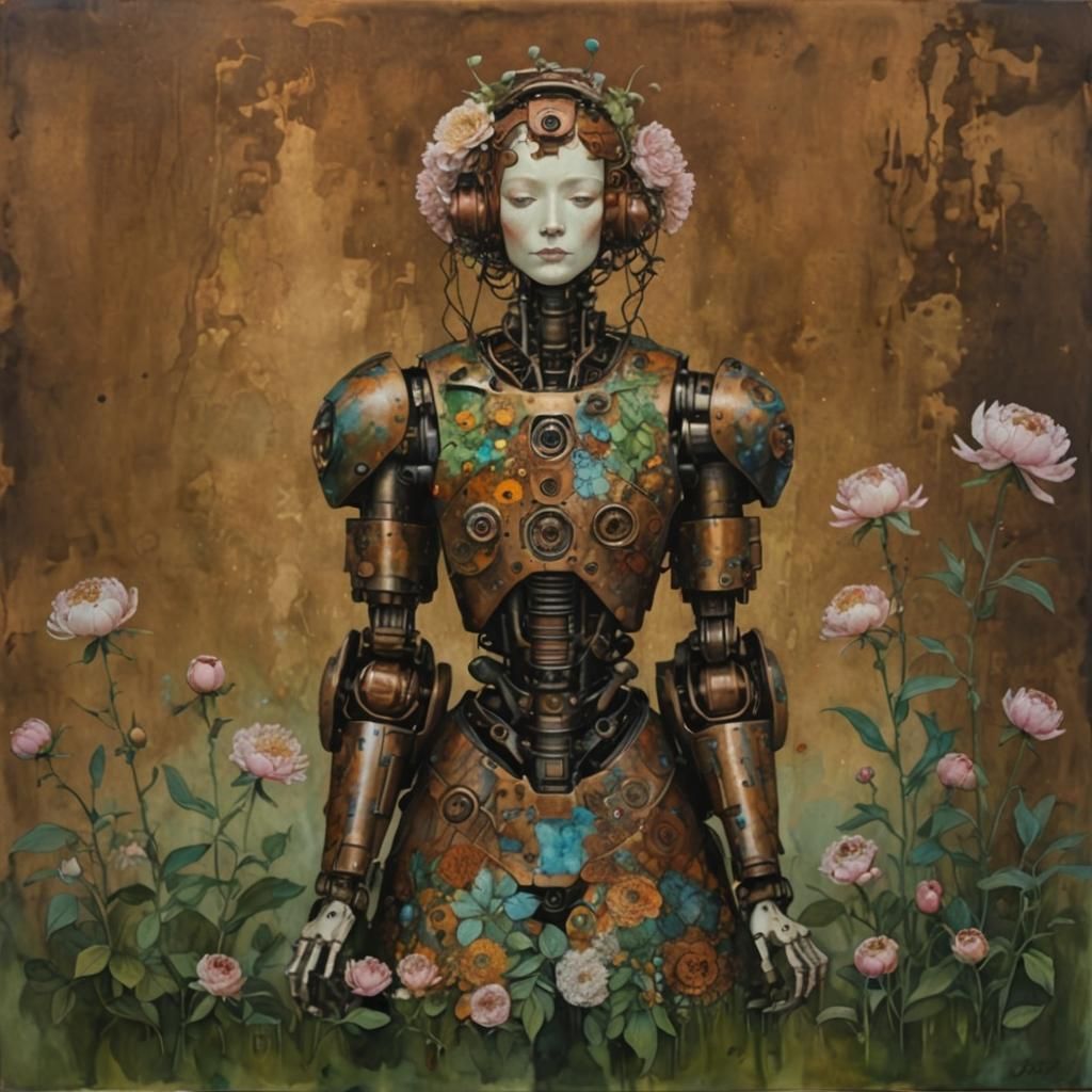 Steampunk Robot with Floral Accents, Art Nouveau Style