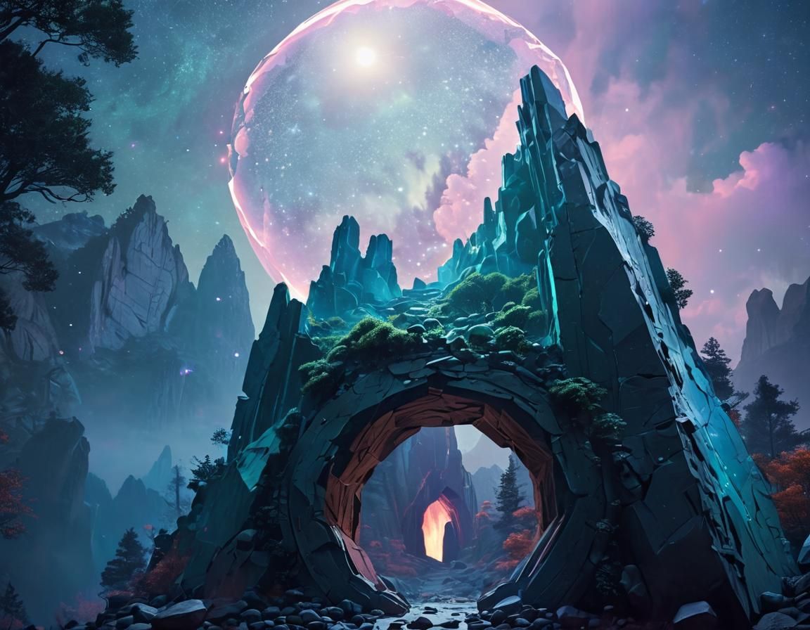 Surreal Spiral Portal Behind Mountain in Abstract Expression...