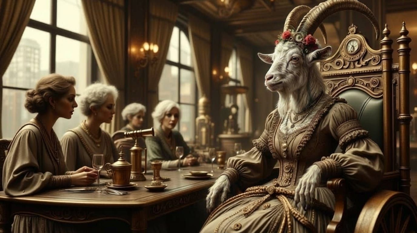 Steampunk Cafe with Goat in Victorian Attire