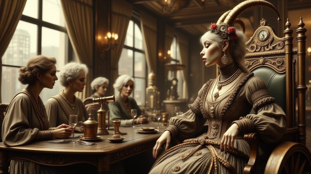 Steampunk Cafe Interior with Victorian Goat Lady