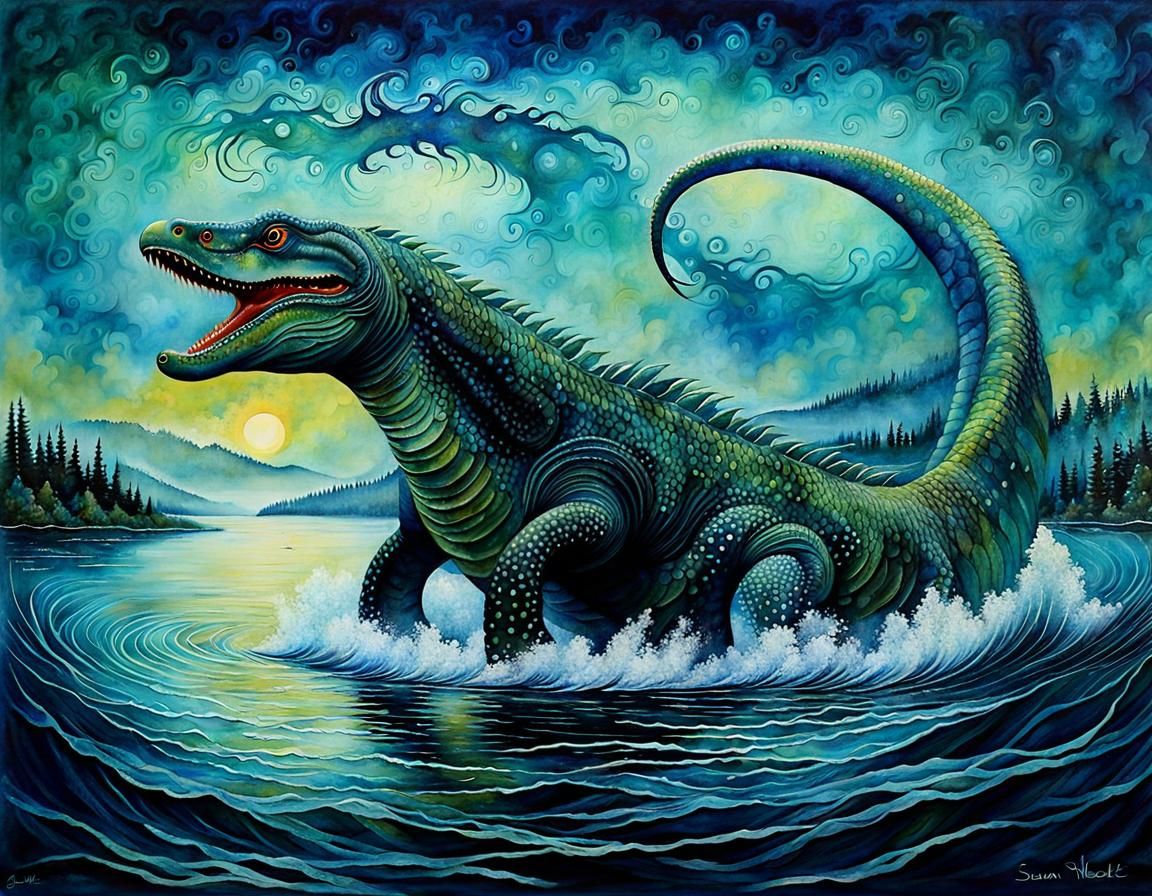 Friendly Loch Ness Monster in Batik Style