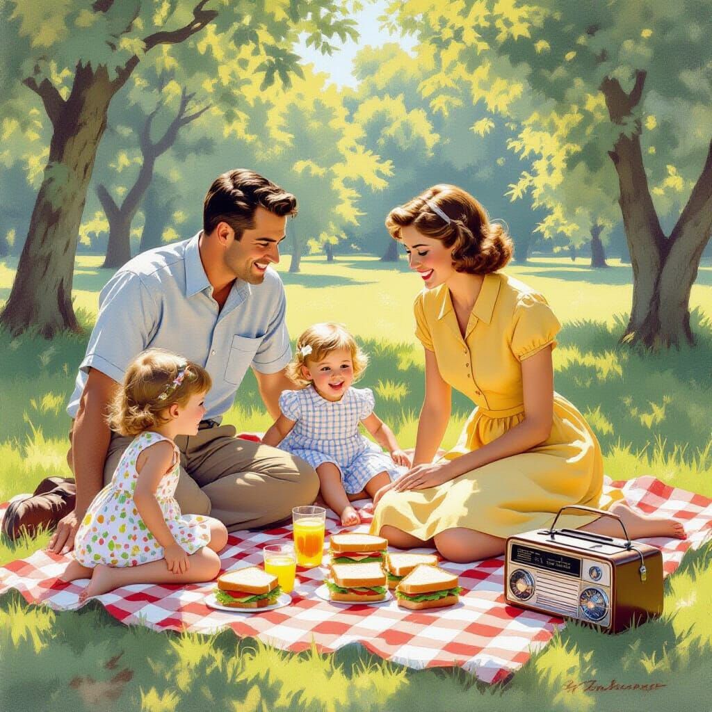 1960s Family Picnic in Rockwell-esque Style