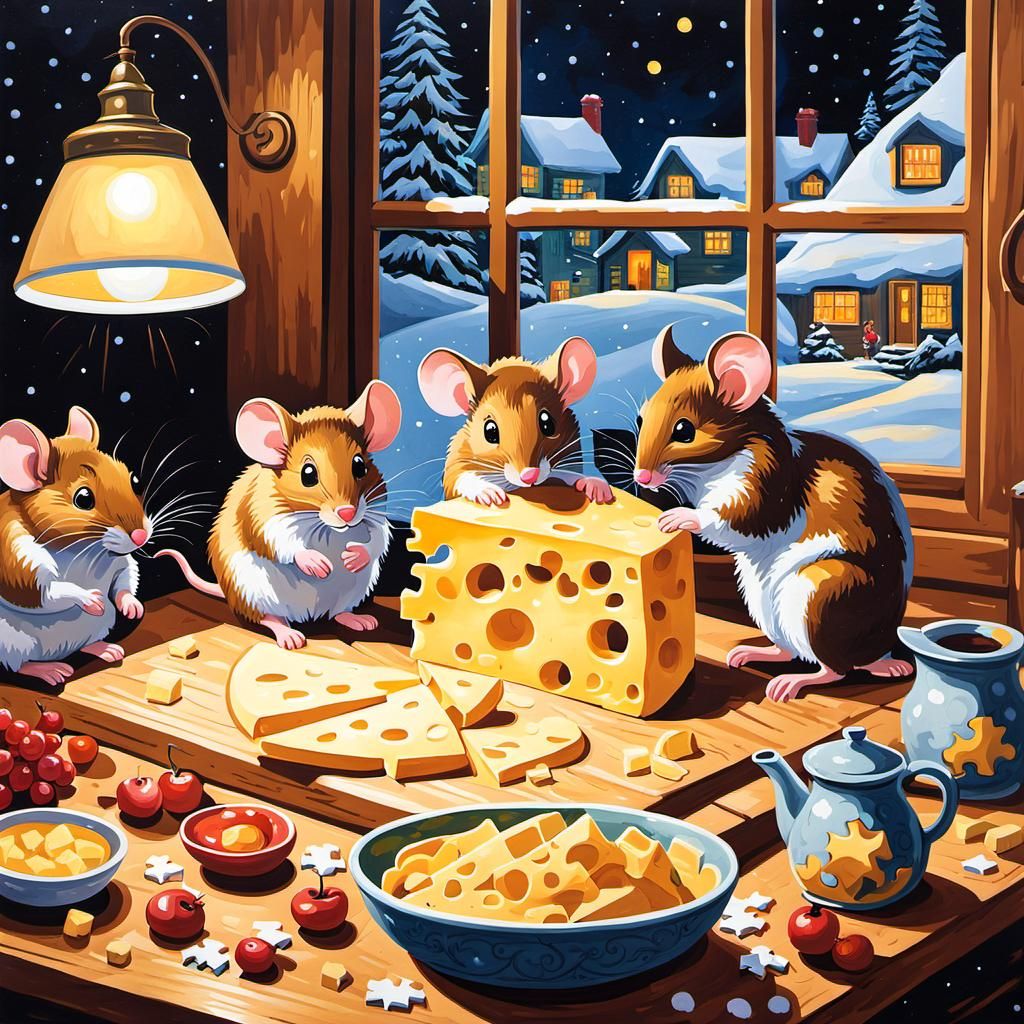 Mice Family's Cheese Puzzle: Gouache Painting