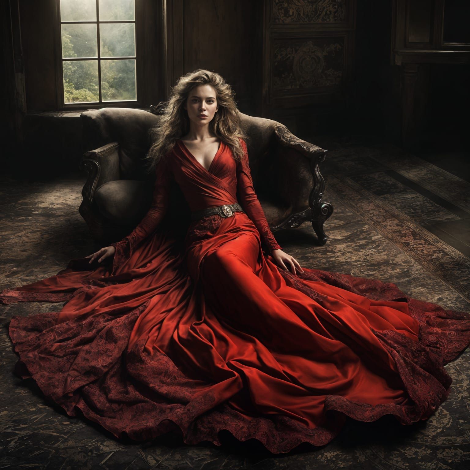 Stunning Woman Portrait with Red Silk Ribbon