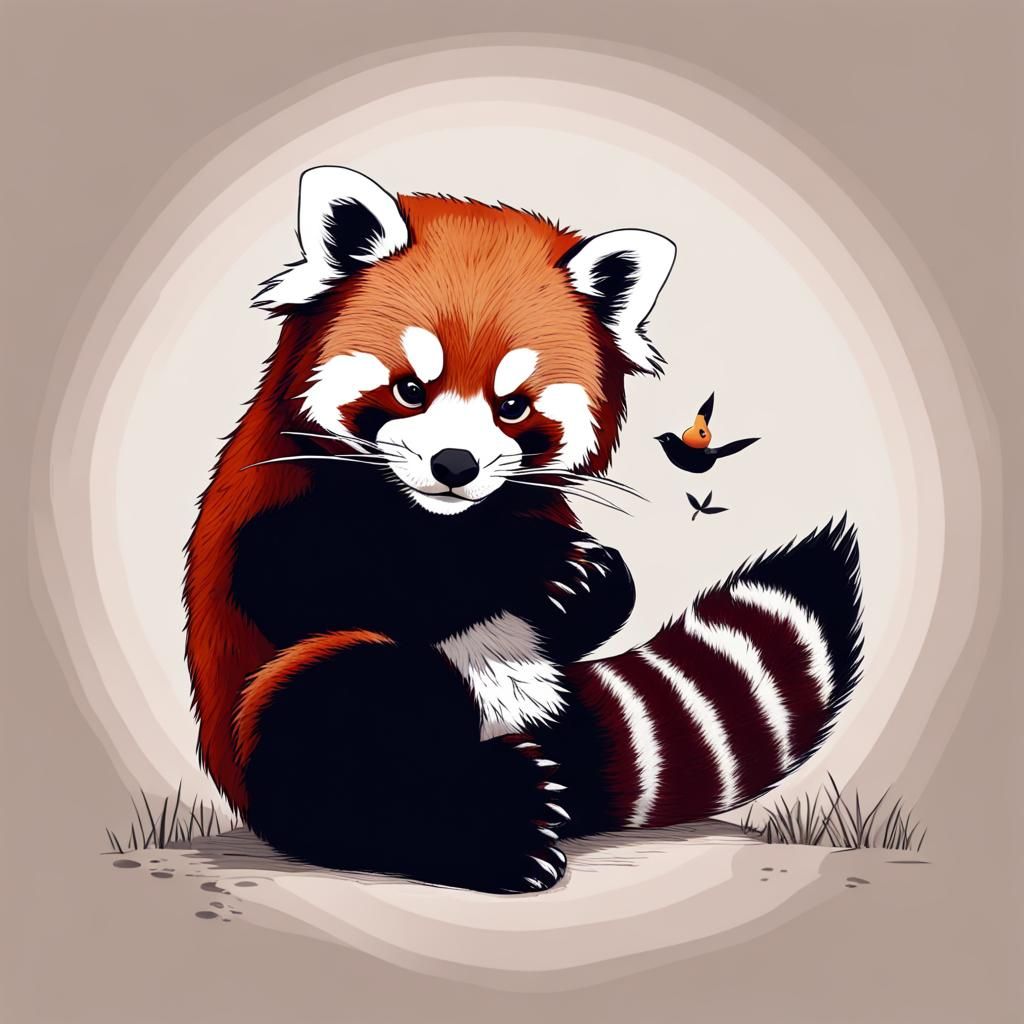 Red Panda Cradling Bird in Paws