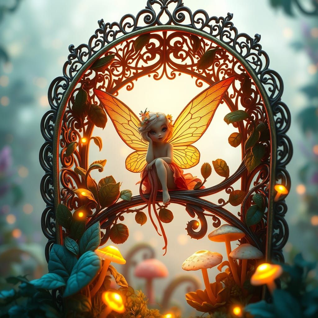 Whimsical Faerie in Art Nouveau-Inspired Landscape
