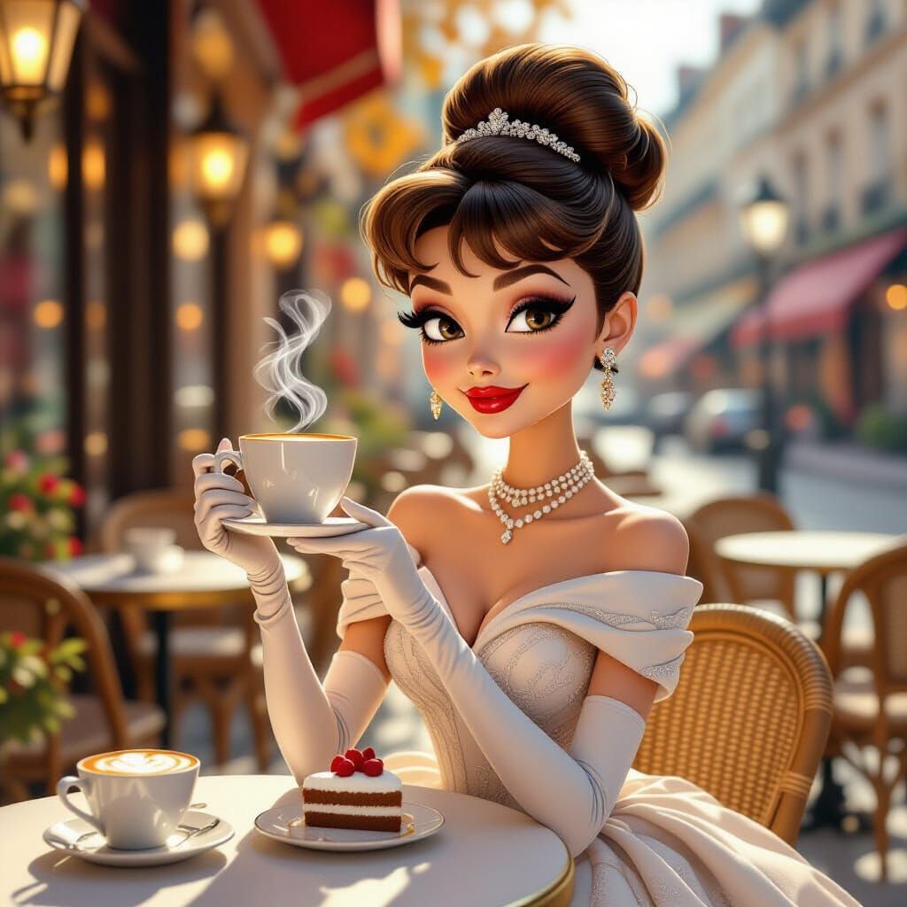 Audrey Hepburn Selfie in Parisian Cafe