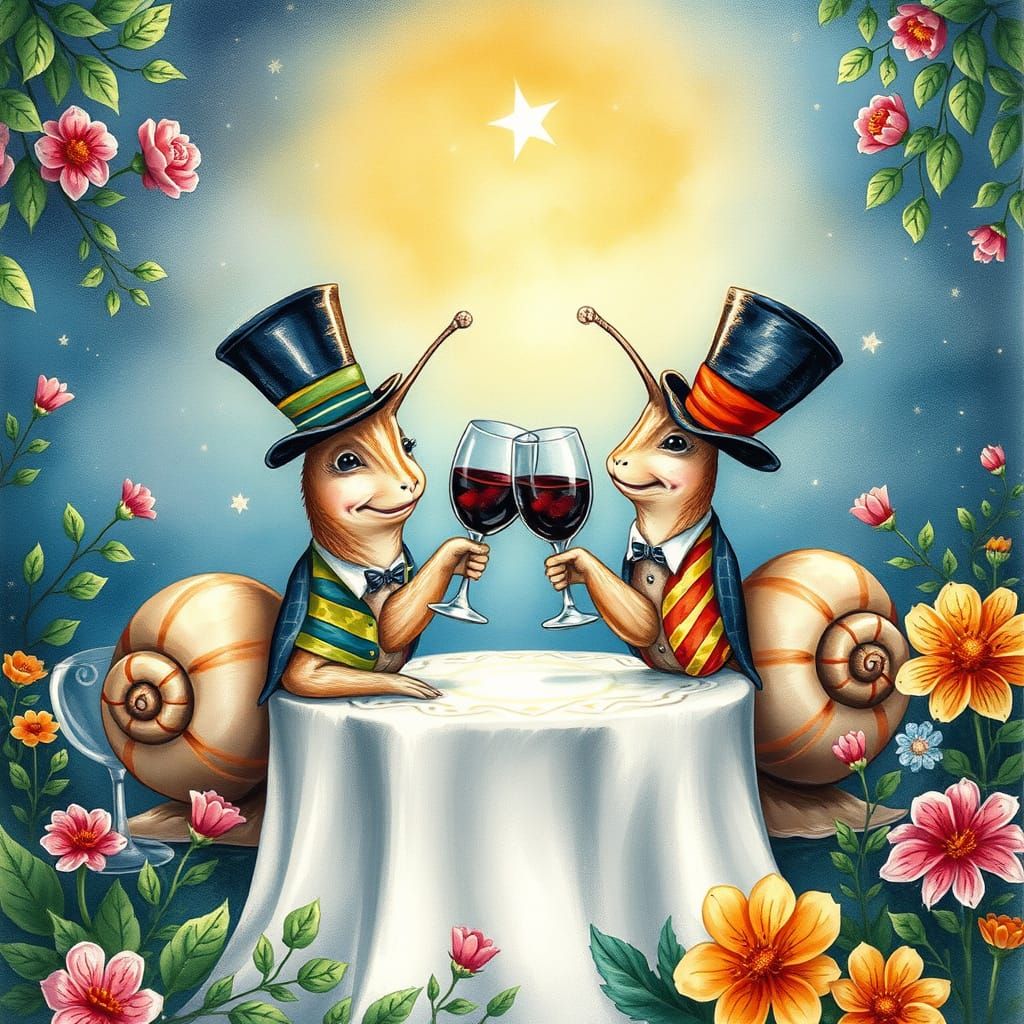 Whimsical Snails Enjoy Wine Under Starry Night Sky