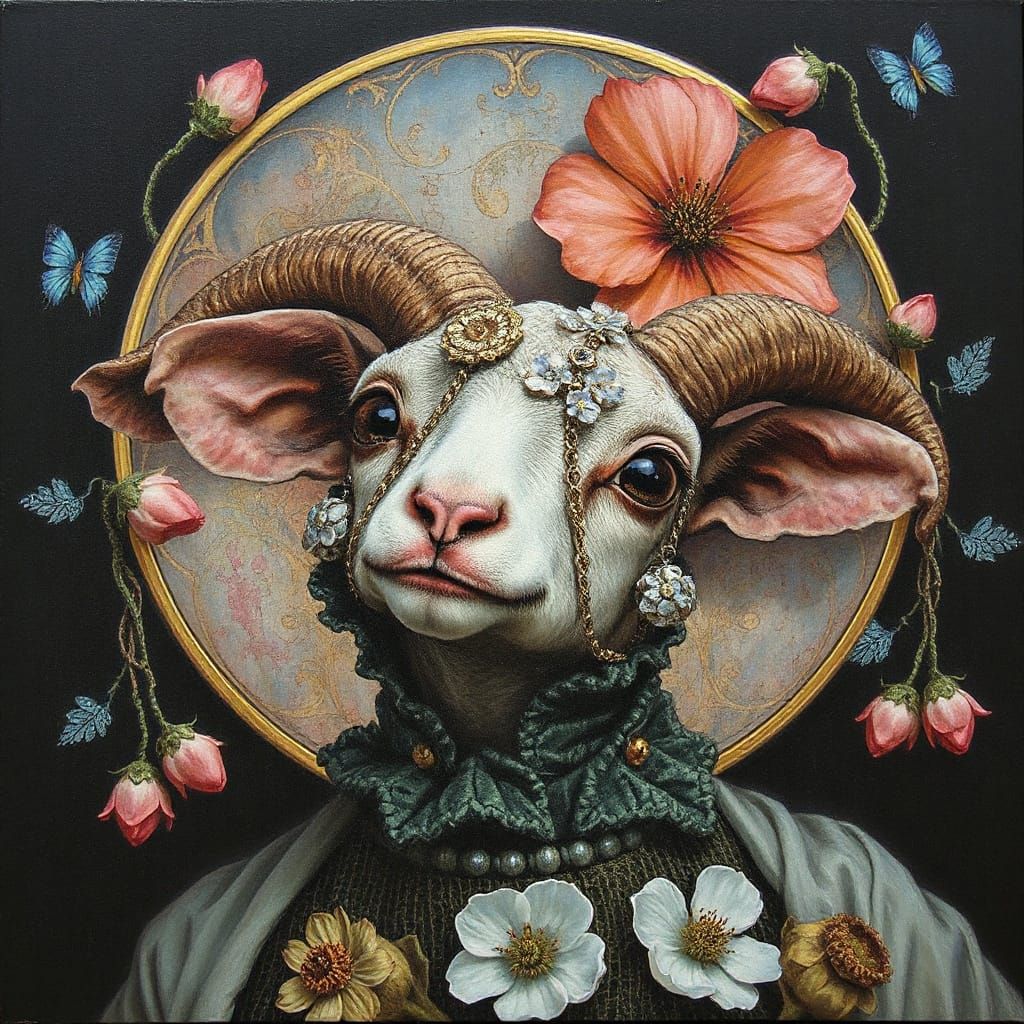 Anthropomorphic Lamb Deity in Cherry Blossom Fantasy Scene