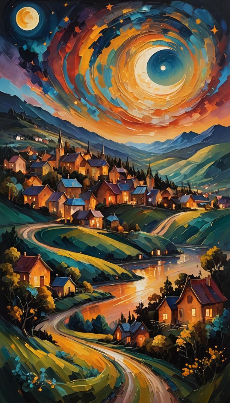 Vibrant Night Village Under Starry Sky as Impasto Painting