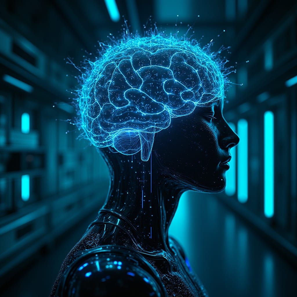 Glowing Cyberpunk AI Neural Network in Futuristic Lab