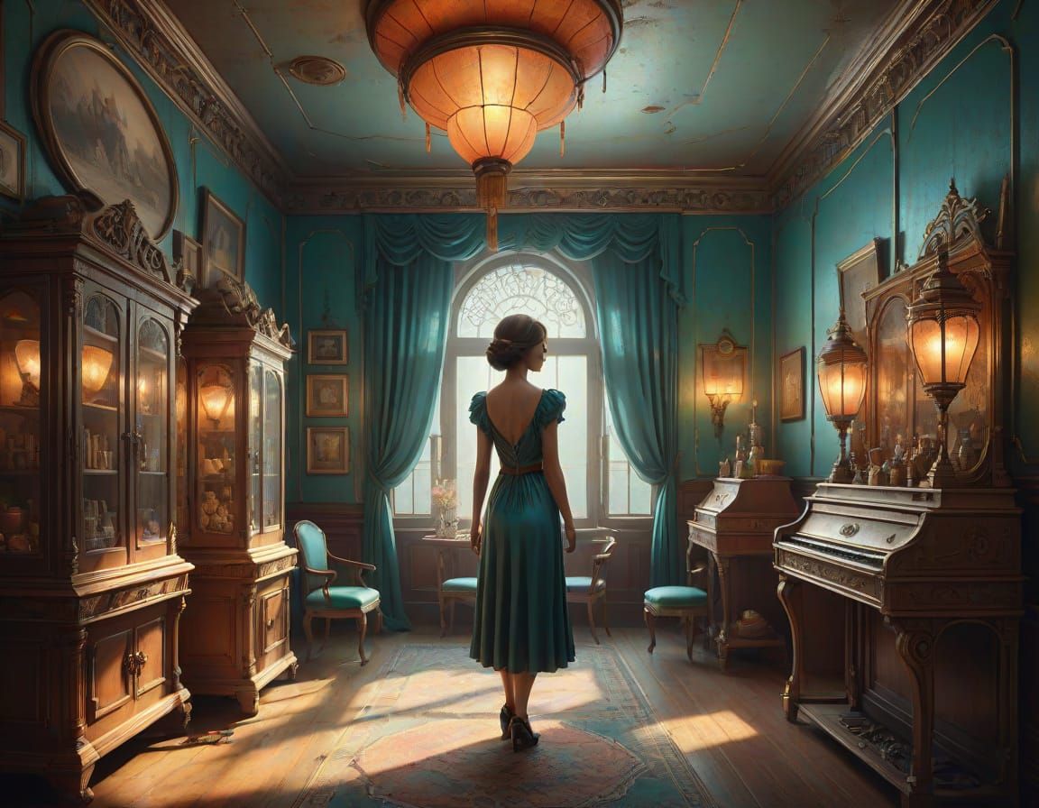 Surrealistic Woman in Antique Parlor