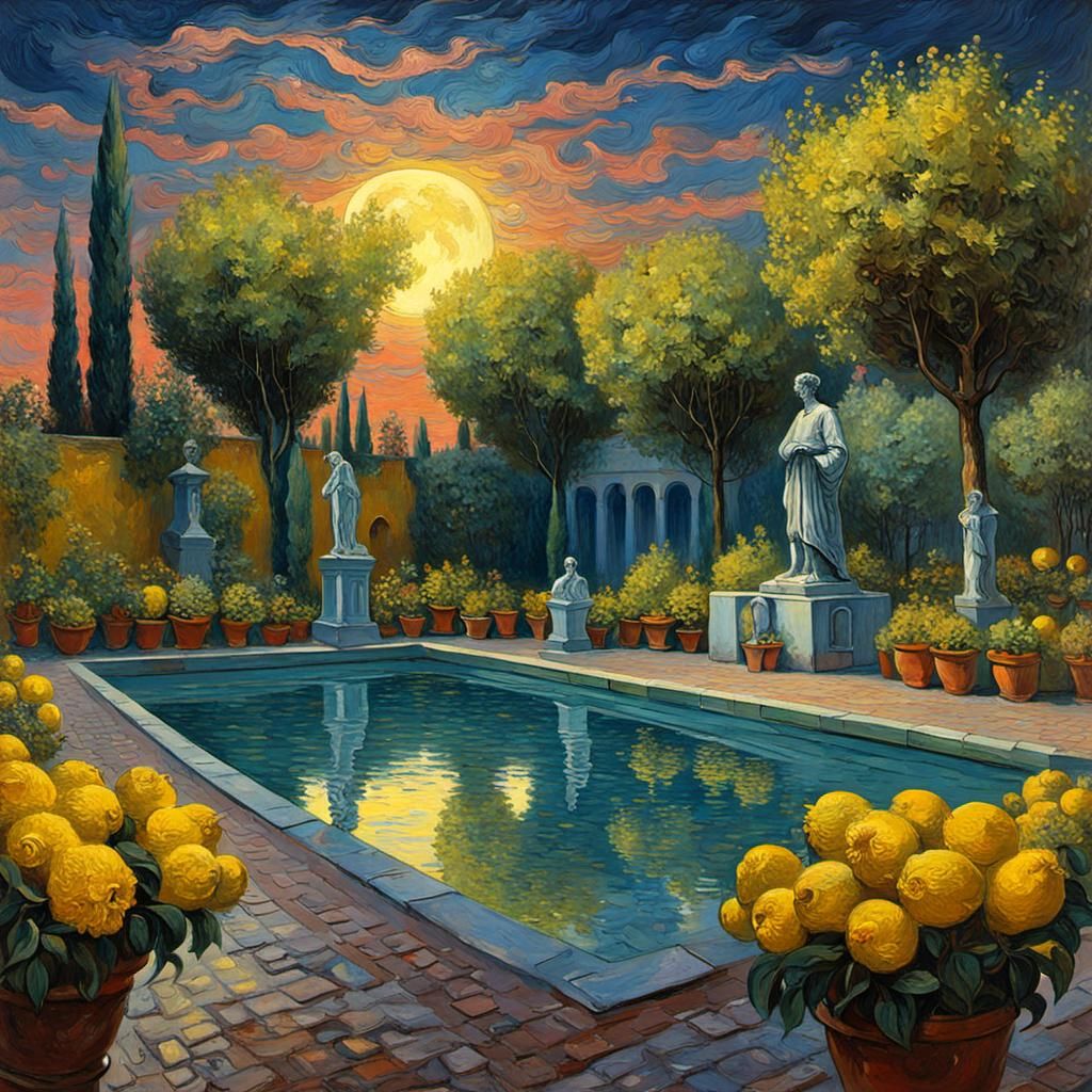 Italian Courtyard in Springtime, Post-Impressionist Style