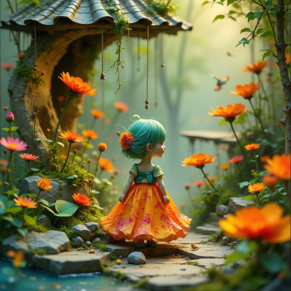 Porcelain Doll in Woodland Diorama as Fantasy Art