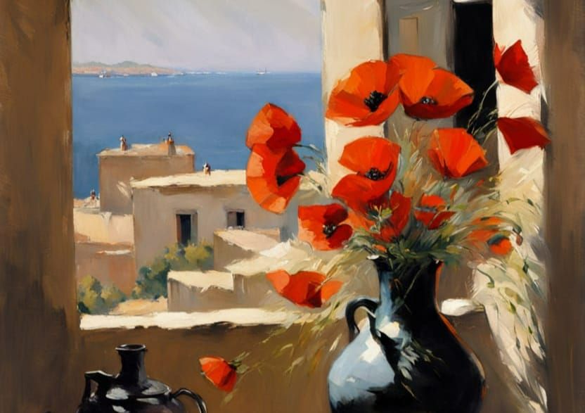 Impressionist Oil Painting of Red Poppies in a Rustic Landsc...