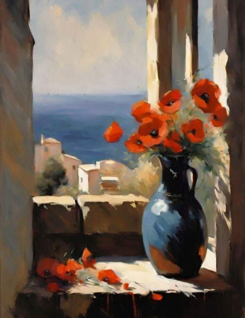 Vibrant Poppies in Oil Paint Style