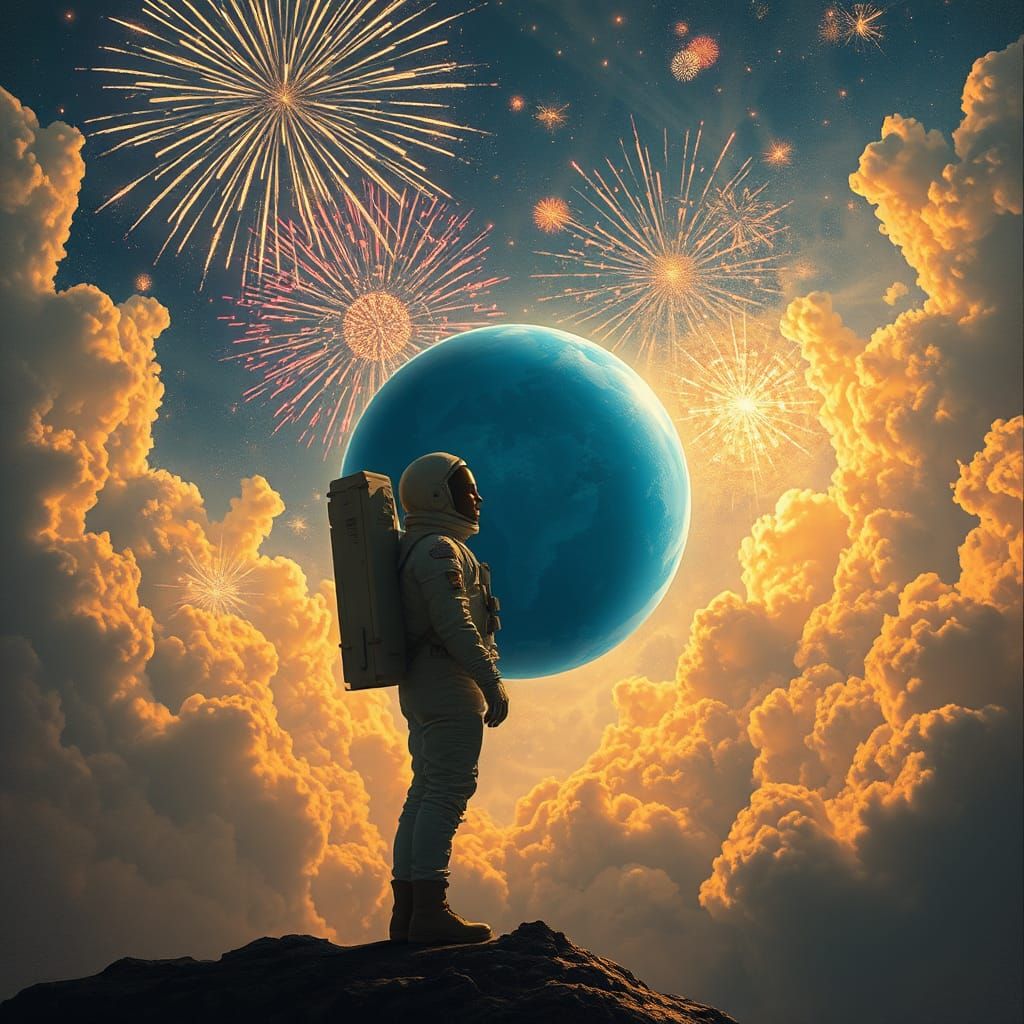 Contemplative Cosmonaut in a Surreal Sky with Fireworks