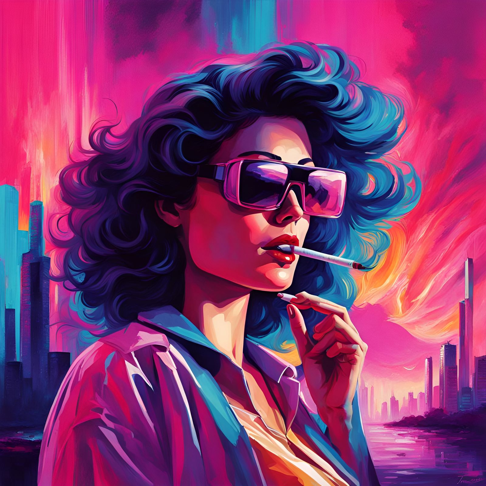 Vaporwave Woman Smoking Cigarette with Neon Glitch Effects